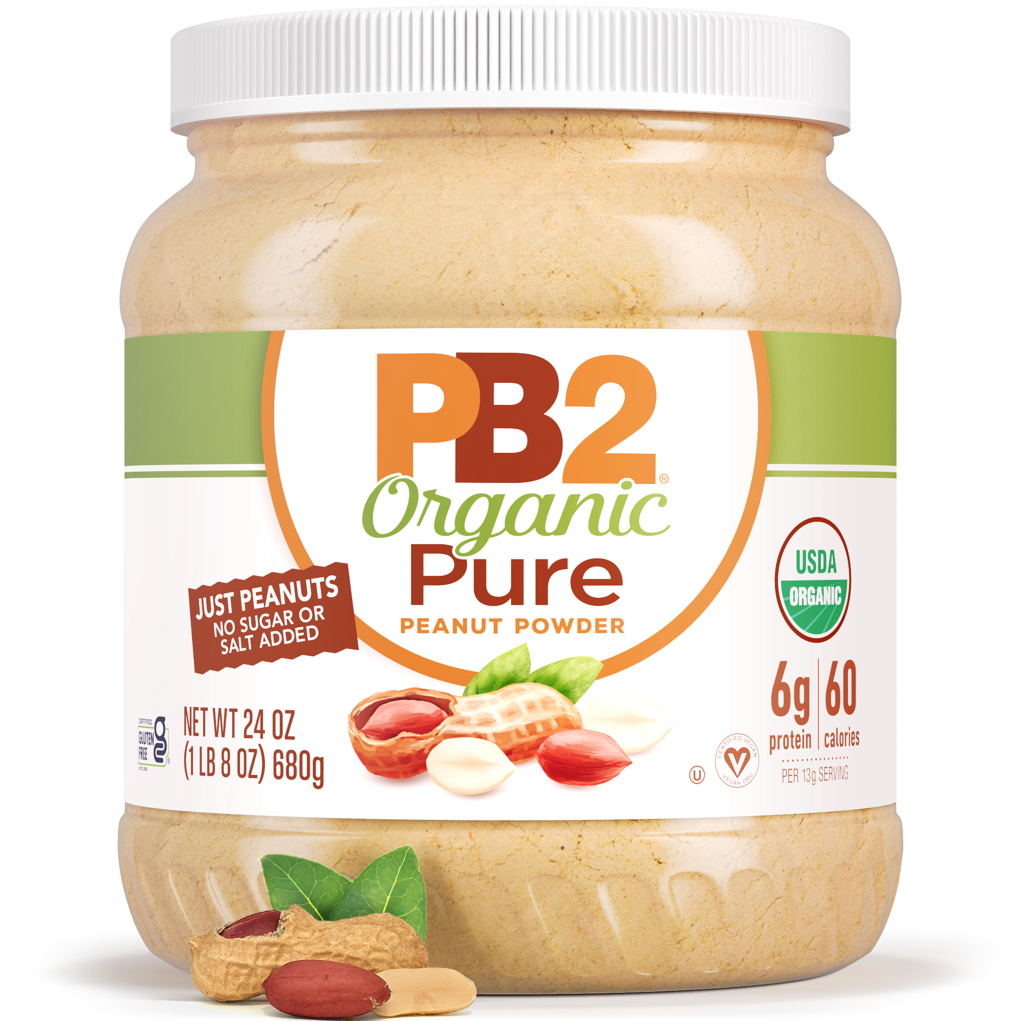 PB2 Organic Pure Peanut Powder jar on a white background