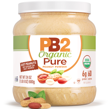 PB2 Organic Pure Peanut Powder jar on a white background