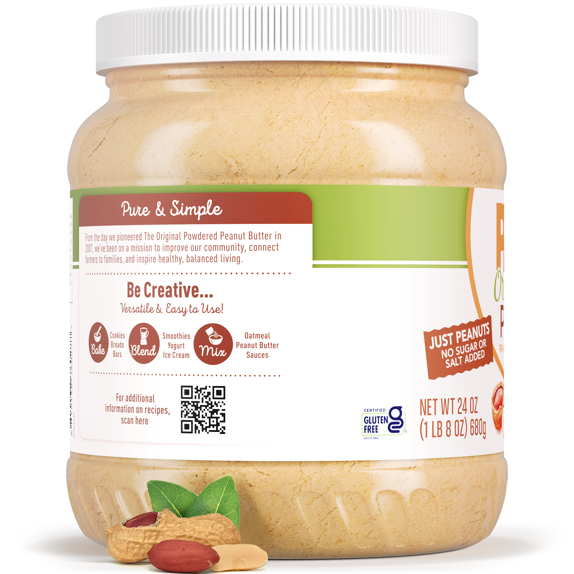 Jar of peanut butter with a visible label on a white background