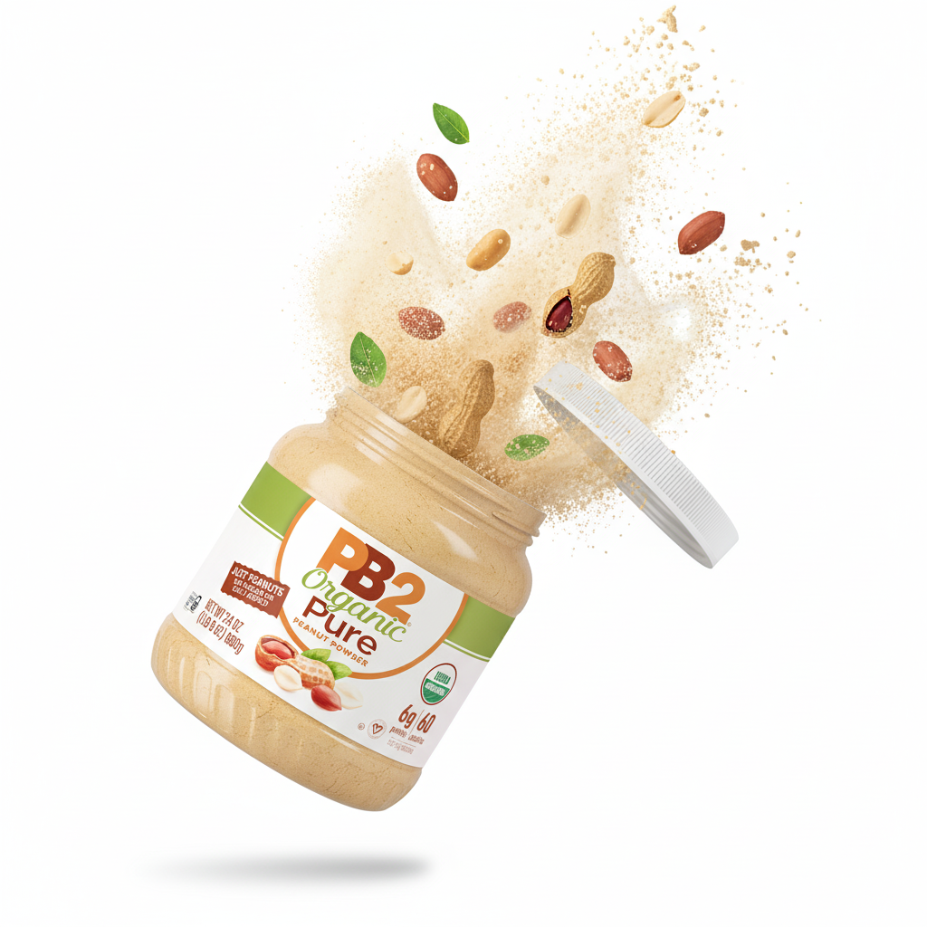 PB2 Organic Pure peanut butter jar with almonds and peanuts on a white background
