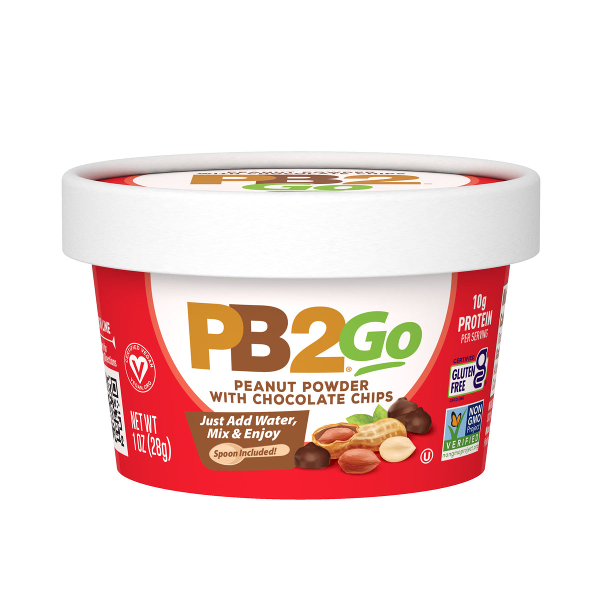 A tub of PB2 Go Peanut Powder with Chocolate Chips on a plain white background. The container has a white lid and a red label featuring the PB2 Go logo in green and brown, along with images of peanuts and chocolate chips.
