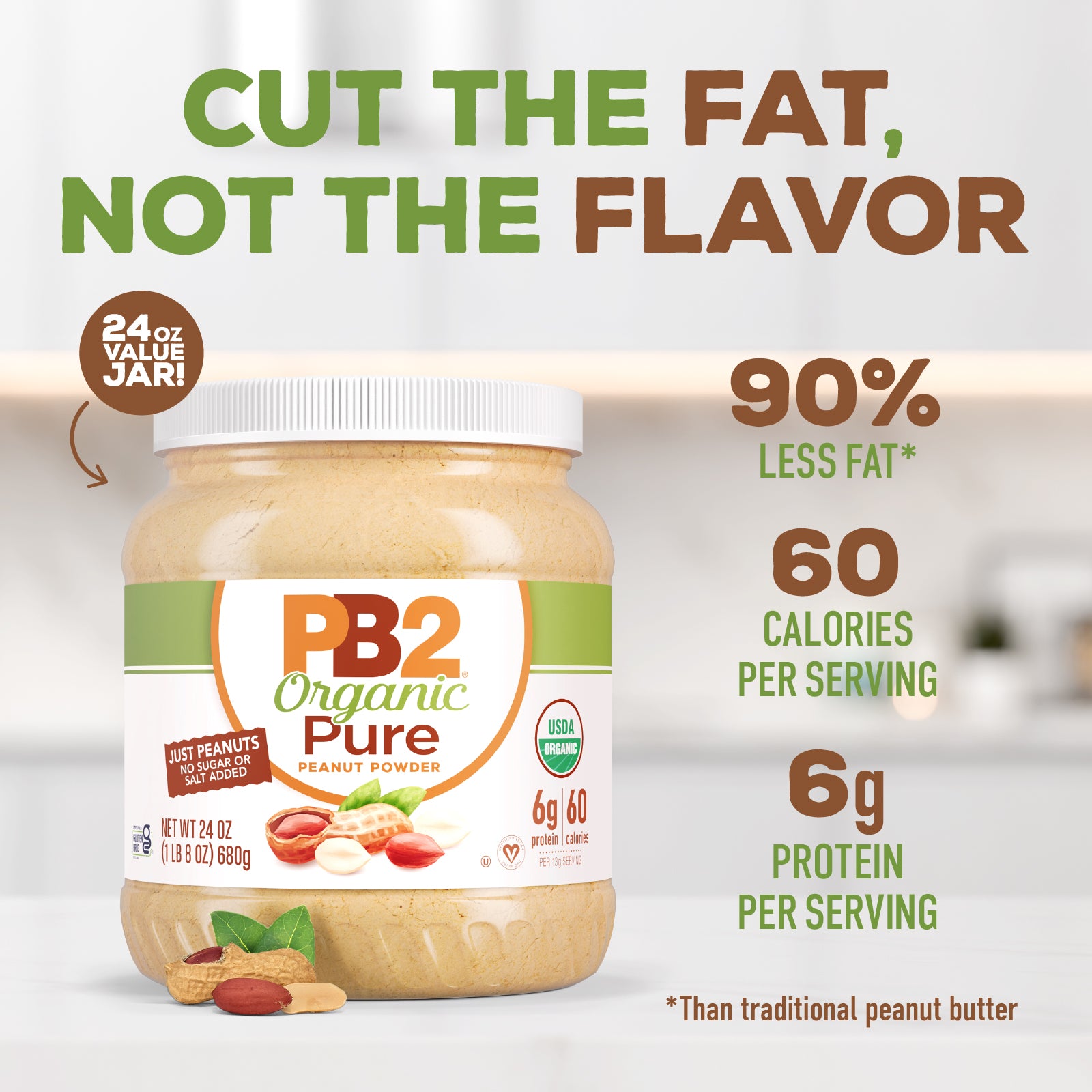 PB2 Organic Pure peanut butter jar with health benefits text on a white background