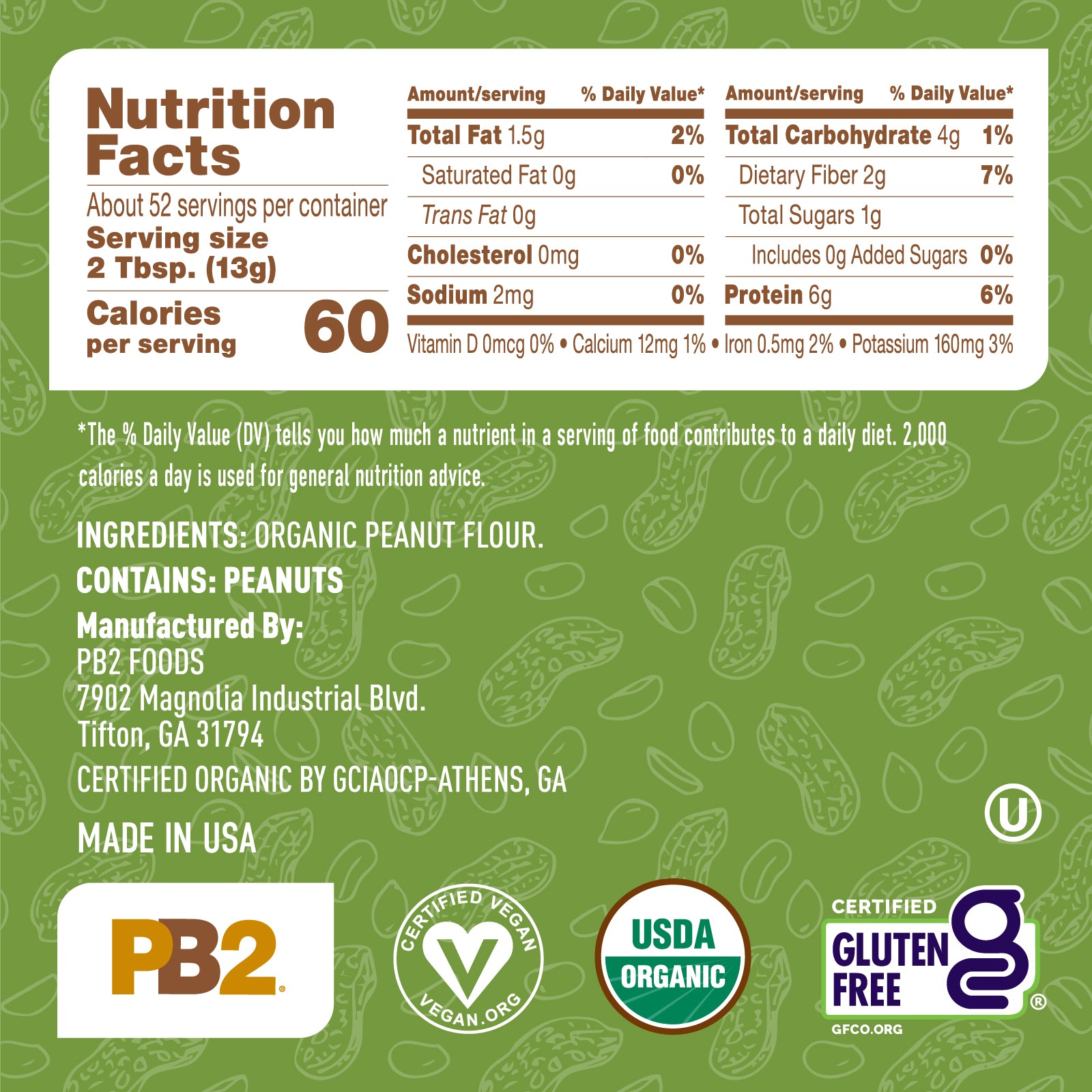 Nutrition label and ingredient list on a green background with peanut illustrations
