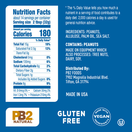 Ingredient list for PB2 Natural Peanut Butter Spread
